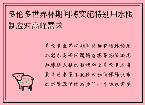 多伦多世界杯期间将实施特别用水限制应对高峰需求