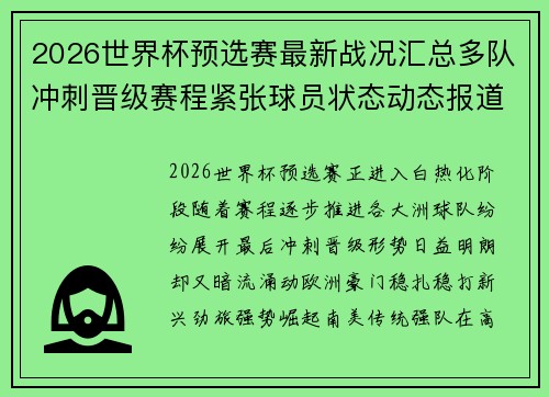 2026世界杯预选赛最新战况汇总多队冲刺晋级赛程紧张球员状态动态报道