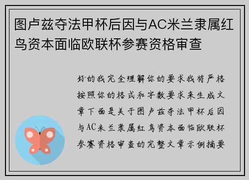 图卢兹夺法甲杯后因与AC米兰隶属红鸟资本面临欧联杯参赛资格审查